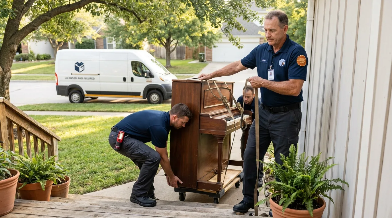 Licensed piano movers securing grand piano in Lemon Grove, CA