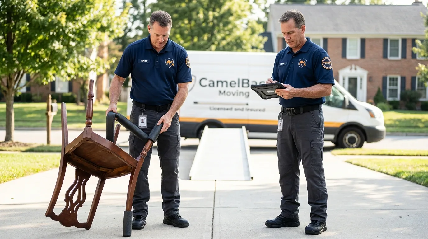 Movers inspecting furniture for damage prevention before loading in Lemon Grove, CA