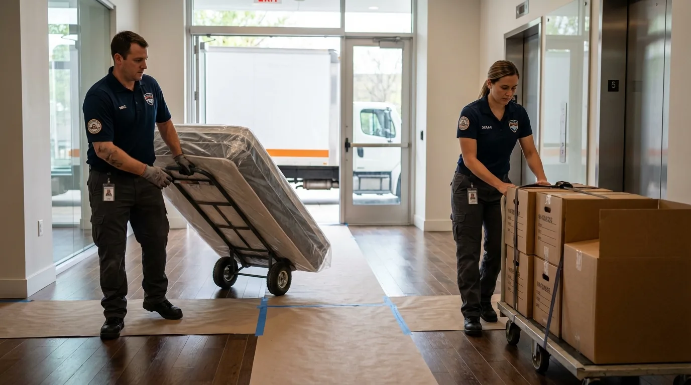 Professional apartment movers loading elevator in Lemon Grove, CA